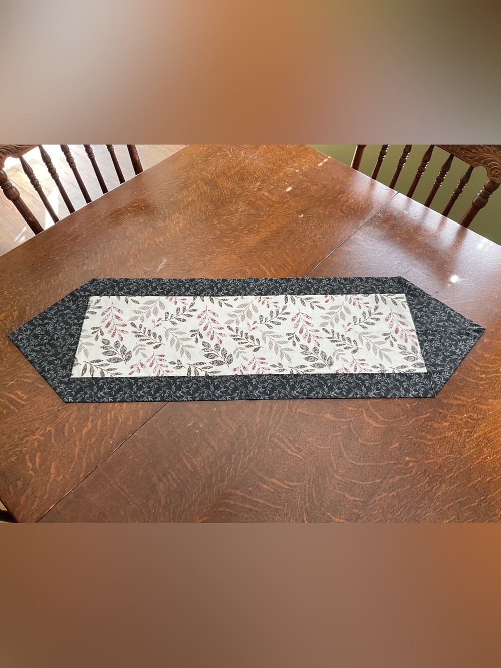 Handmade Reversible Black and Cream Leaf Pattern Table Runner